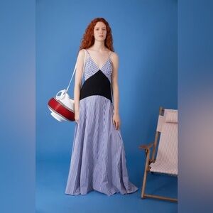 ROSIE ASSOULIN Blue & White Knit-Paneled Striped Cotton Max Dress Size 8 EUC